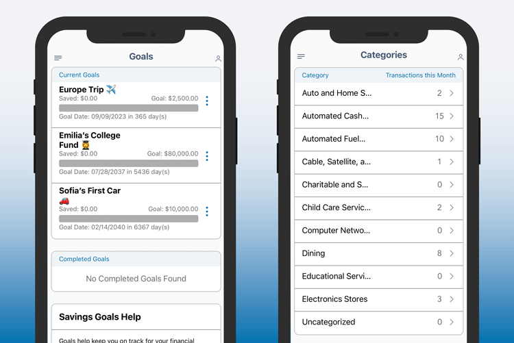 Mobile view of Goals and Categories