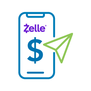 an Icon of a phone with zelle logo on it indicating sending money