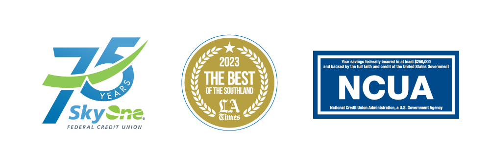 75 years of service logo, 2023 best of southland la times logo, and ncua logo
