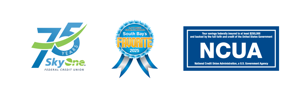 75 years of service logo, 2023 best of southland la times logo, and ncua logo